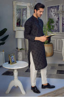 Black Self-Embroidered Cotton Kurta Pajama (2-Piece) - Image 2