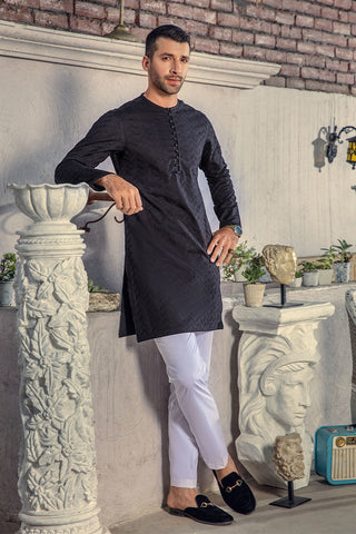 Black Chikankari Cotton-Silk Kurta Pajama (2-Piece) - Image 4