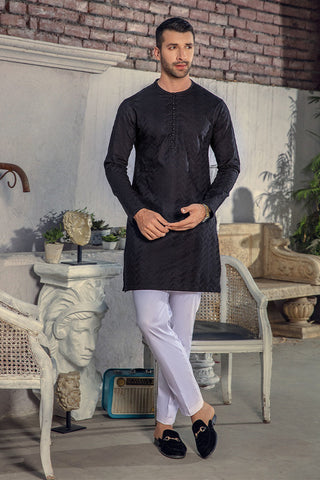 Black Chikankari Cotton-Silk Kurta Pajama (2-Piece) - Image 6