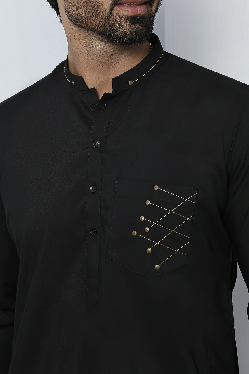 Black Embroidered Cotton-Silk Kurta Pajama (2-Piece) - Image 2