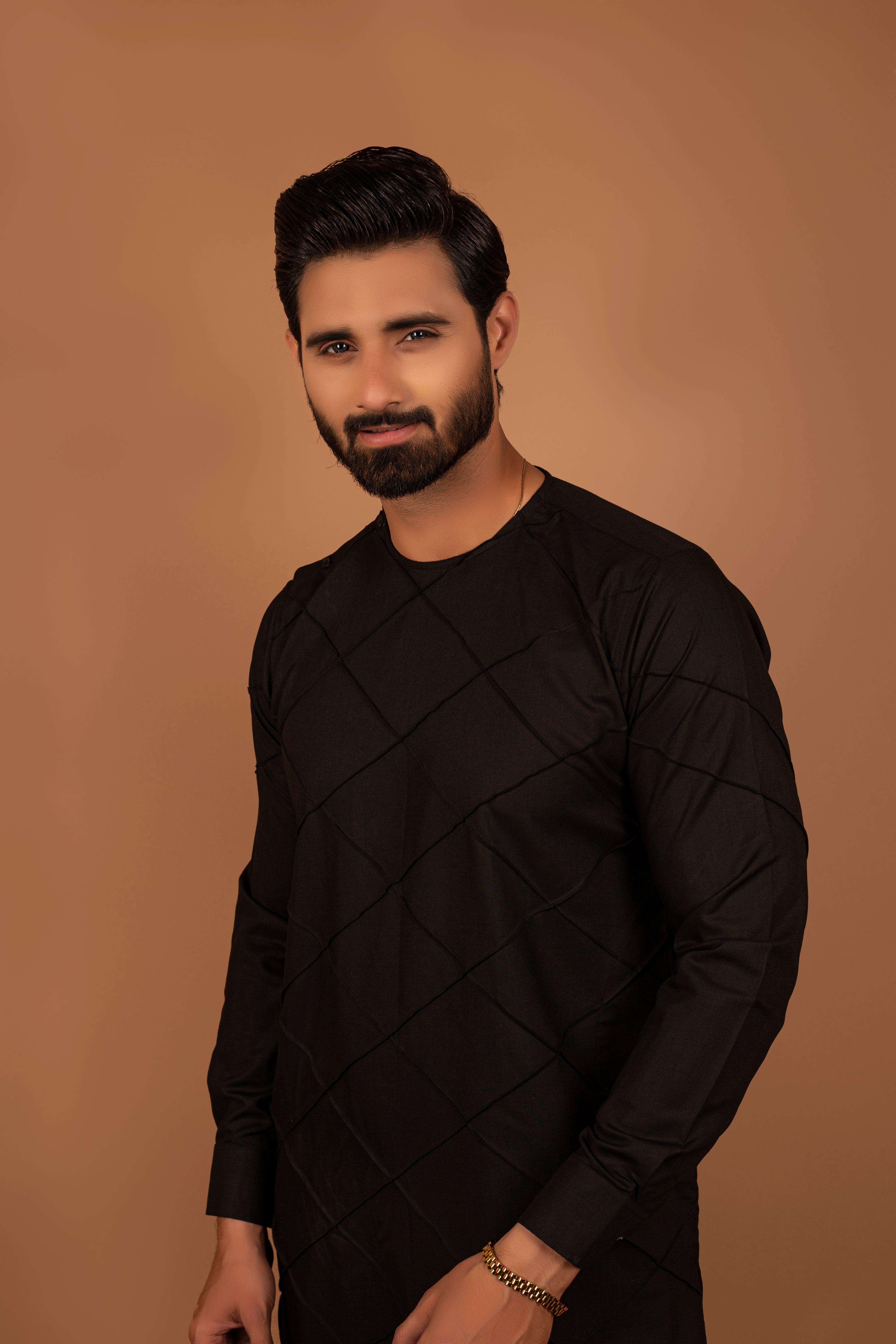Black Textured Cotton-Silk Kurta Pajama (2-Piece) - Image 2