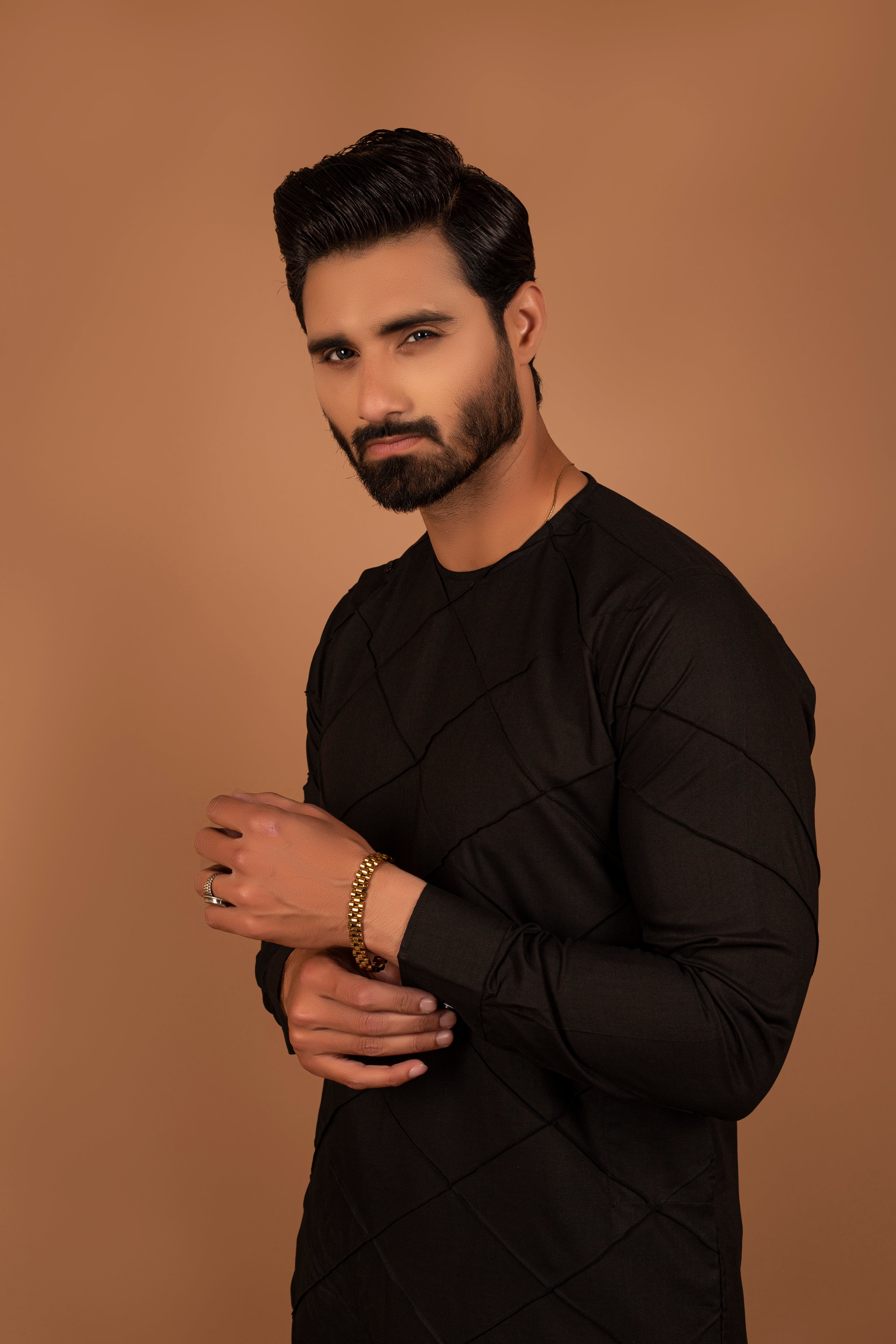 Black Textured Cotton-Silk Kurta Pajama (2-Piece) - Image 3