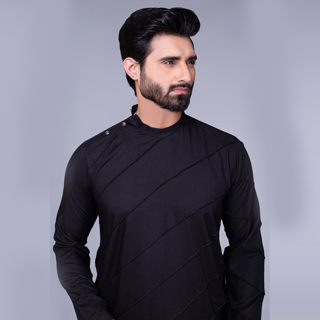 Black Stitched Panel Cotton-Silk Kurta Pajama (2-Piece) - Image 1