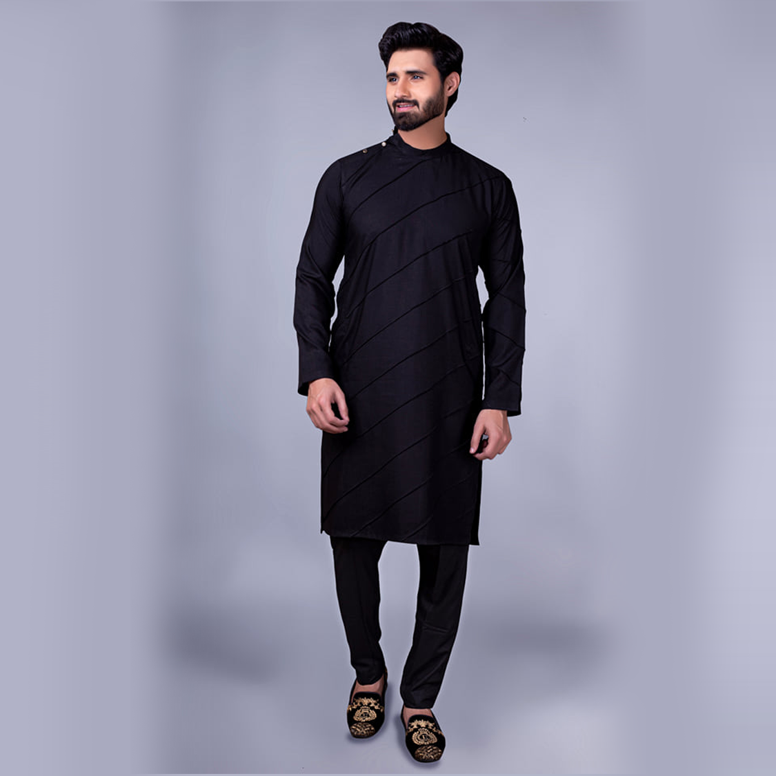 Black Stitched Panel Cotton-Silk Kurta Pajama (2-Piece) - Image 3