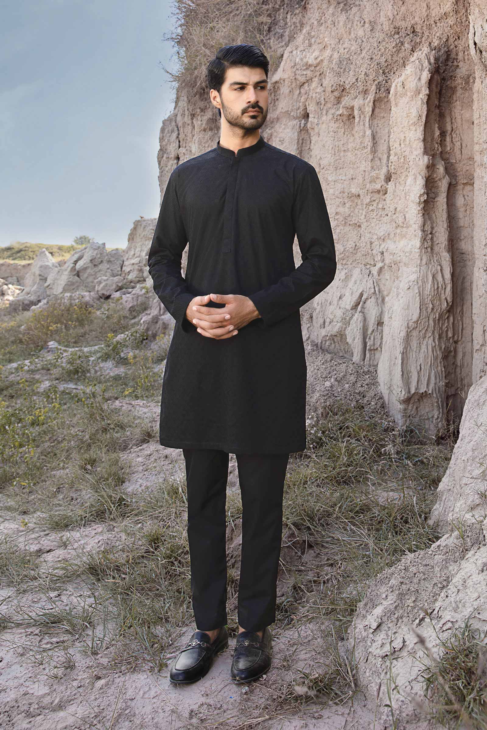 Black Textured Cotton Kurta Pajama (2-Piece) - Image 1
