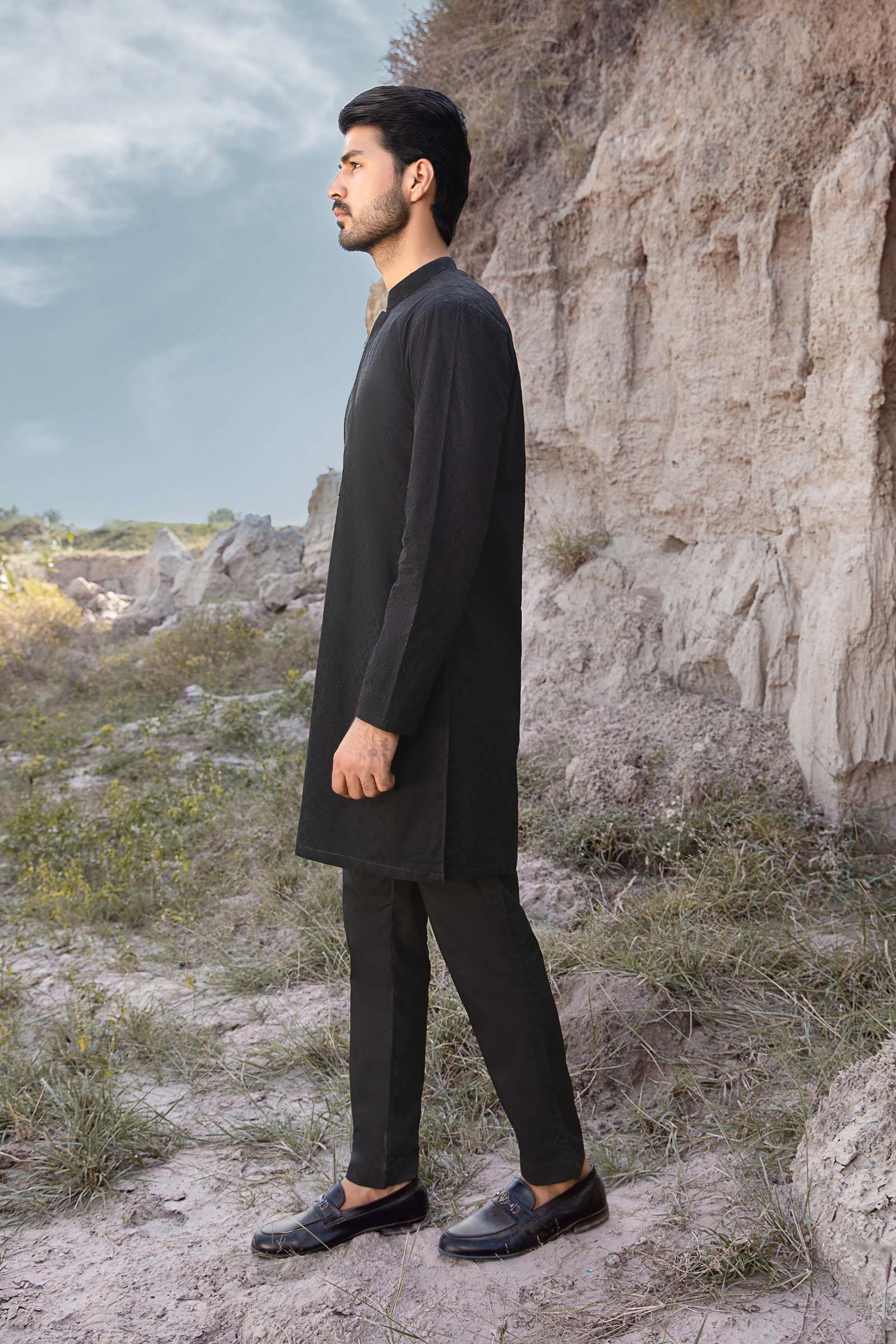 Black Textured Cotton Kurta Pajama (2-Piece) - Image 8