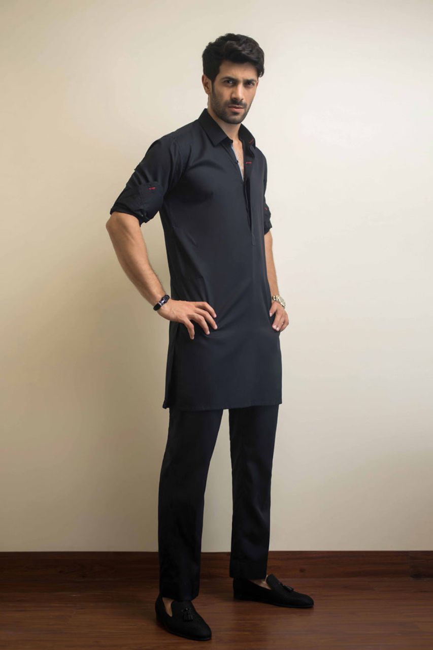 Black Contrast Stitch Cotton Kurta Pajama (2-Piece) - Image 1