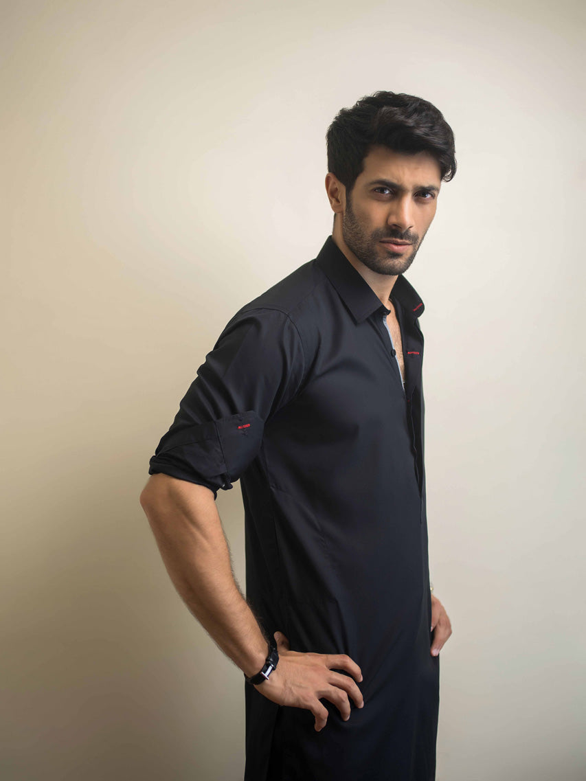 Black Contrast Stitch Cotton Kurta Pajama (2-Piece) - Image 2