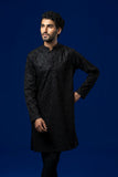 Black Self-Thread Embroidered Cotton Kurta Pajama (2-Piece) - Image 2
