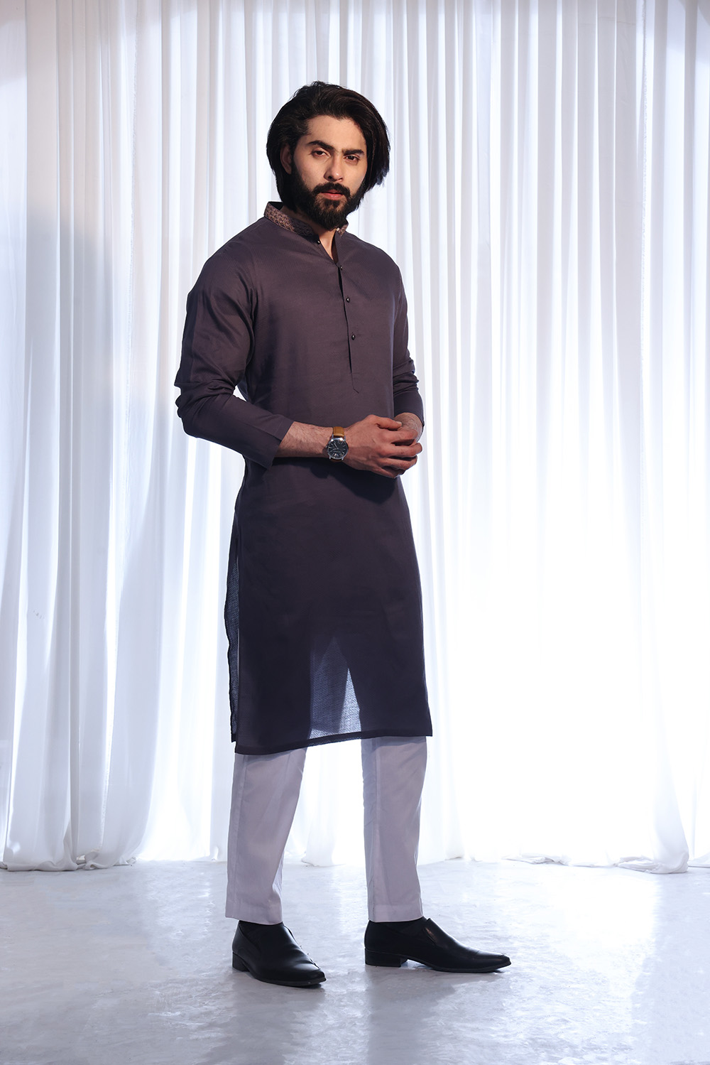 Midnight Black Plain Cotton Kurta (2-Piece) - Image 1