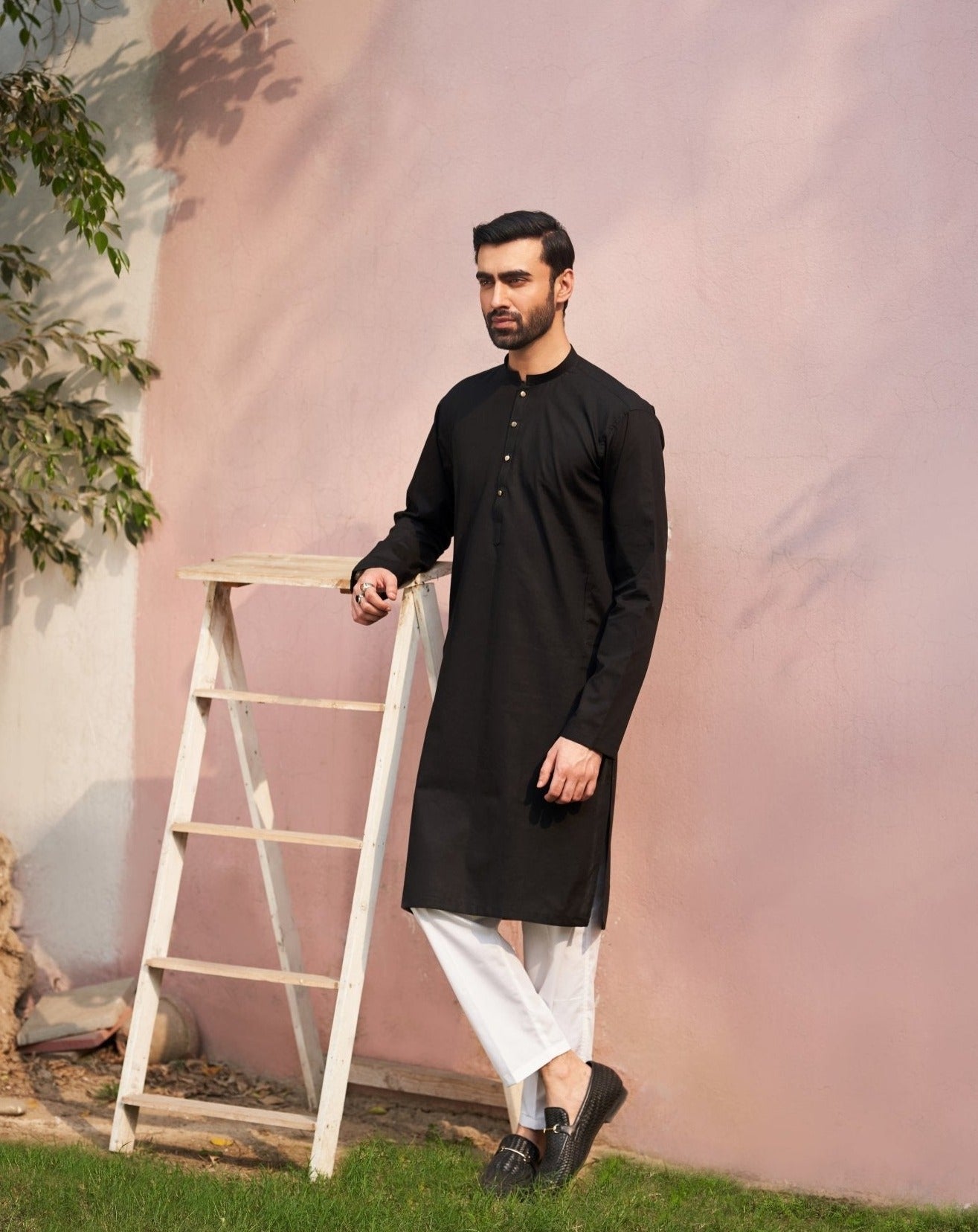 Black Cotton Kurta Trouser Set (2-Piece) - Image 2