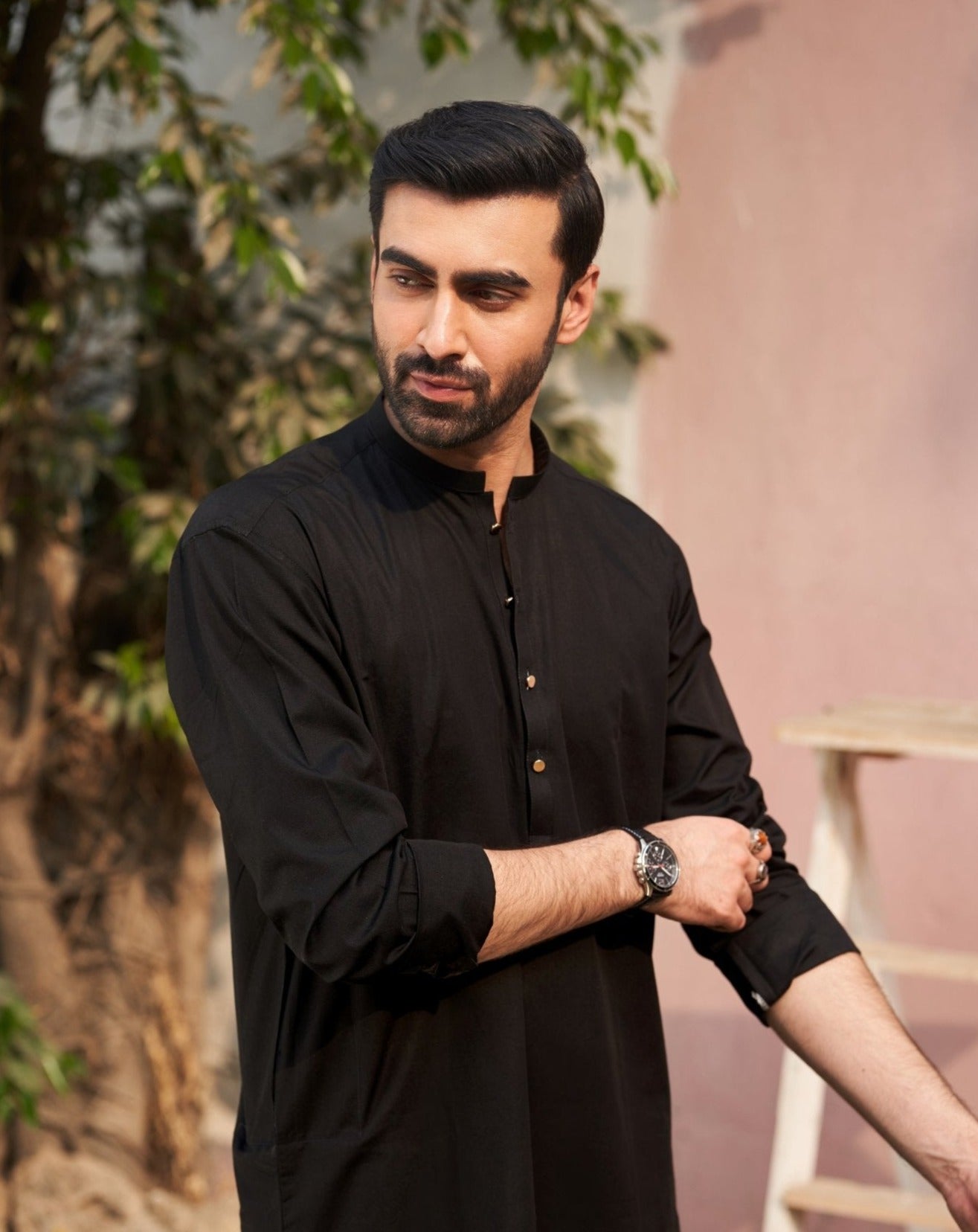 Black Cotton Kurta Trouser Set (2-Piece) - Image 3