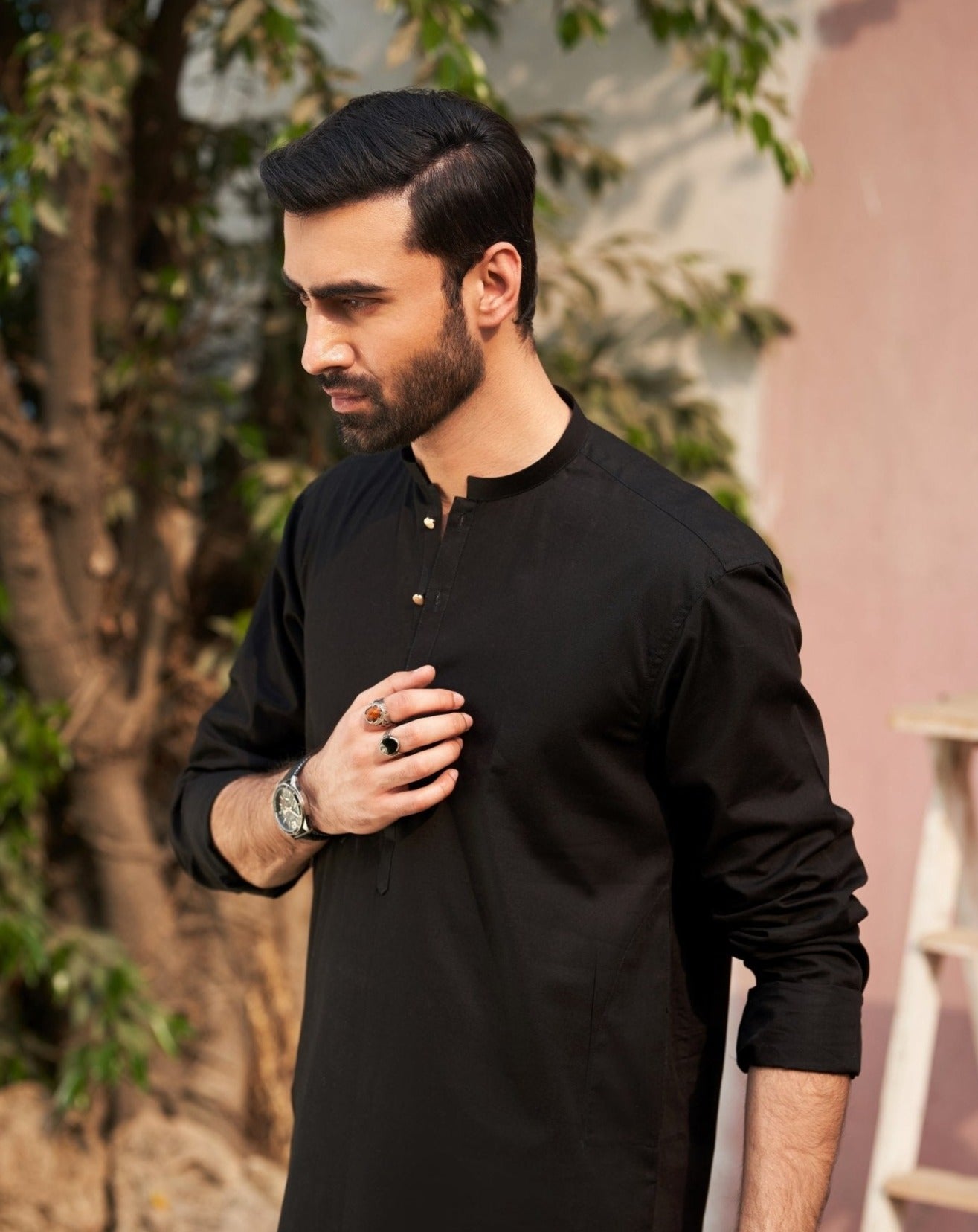 Black Cotton Kurta Trouser Set (2-Piece) - Image 5