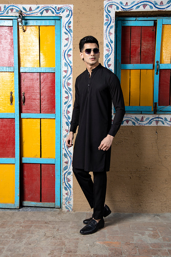 Black Plain Cotton Kurta Pajama (2-Piece) - Image 3