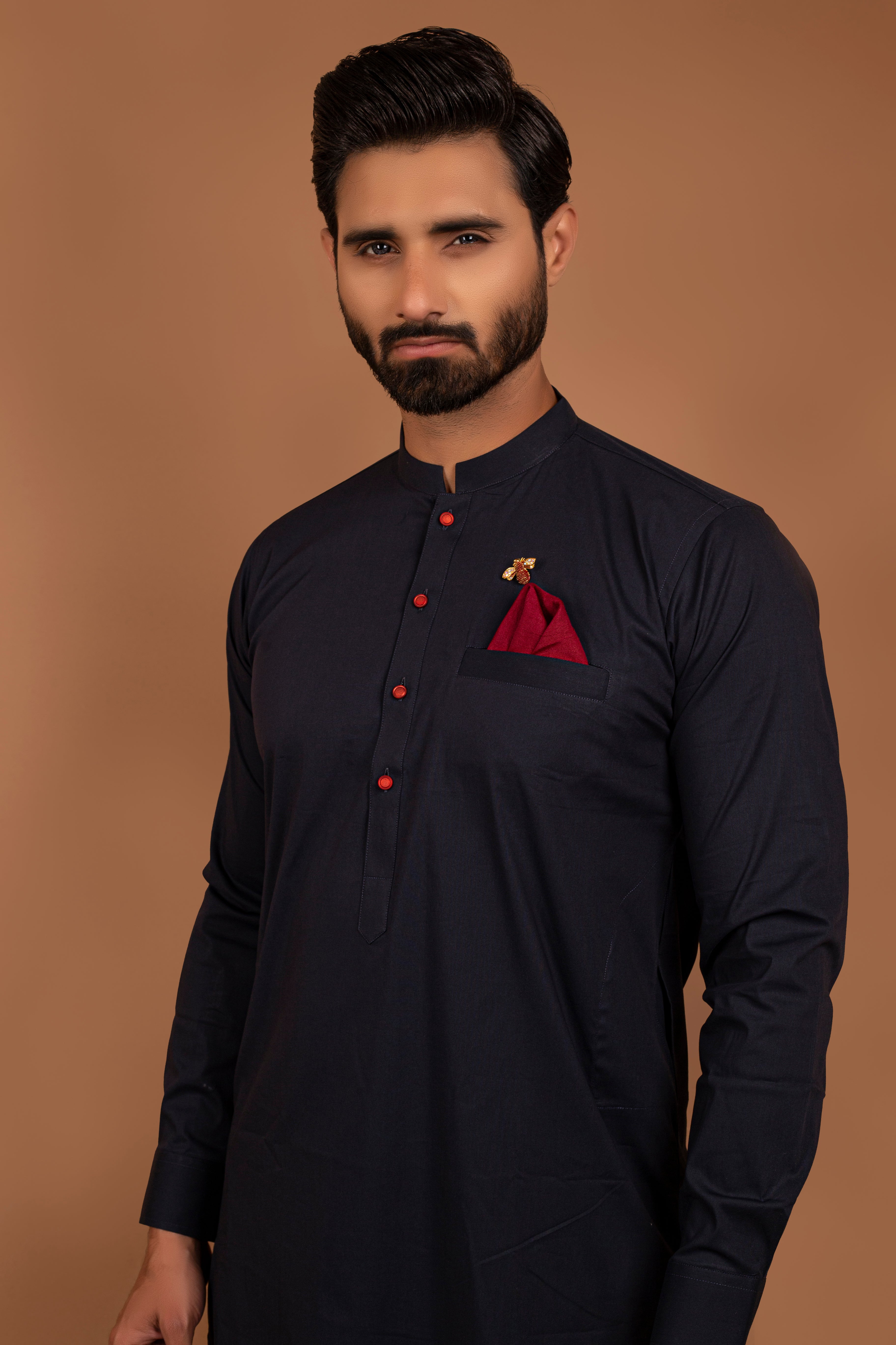 Black Cotton Kurta Pajama with Red Accents (2-Piece) - Image 2