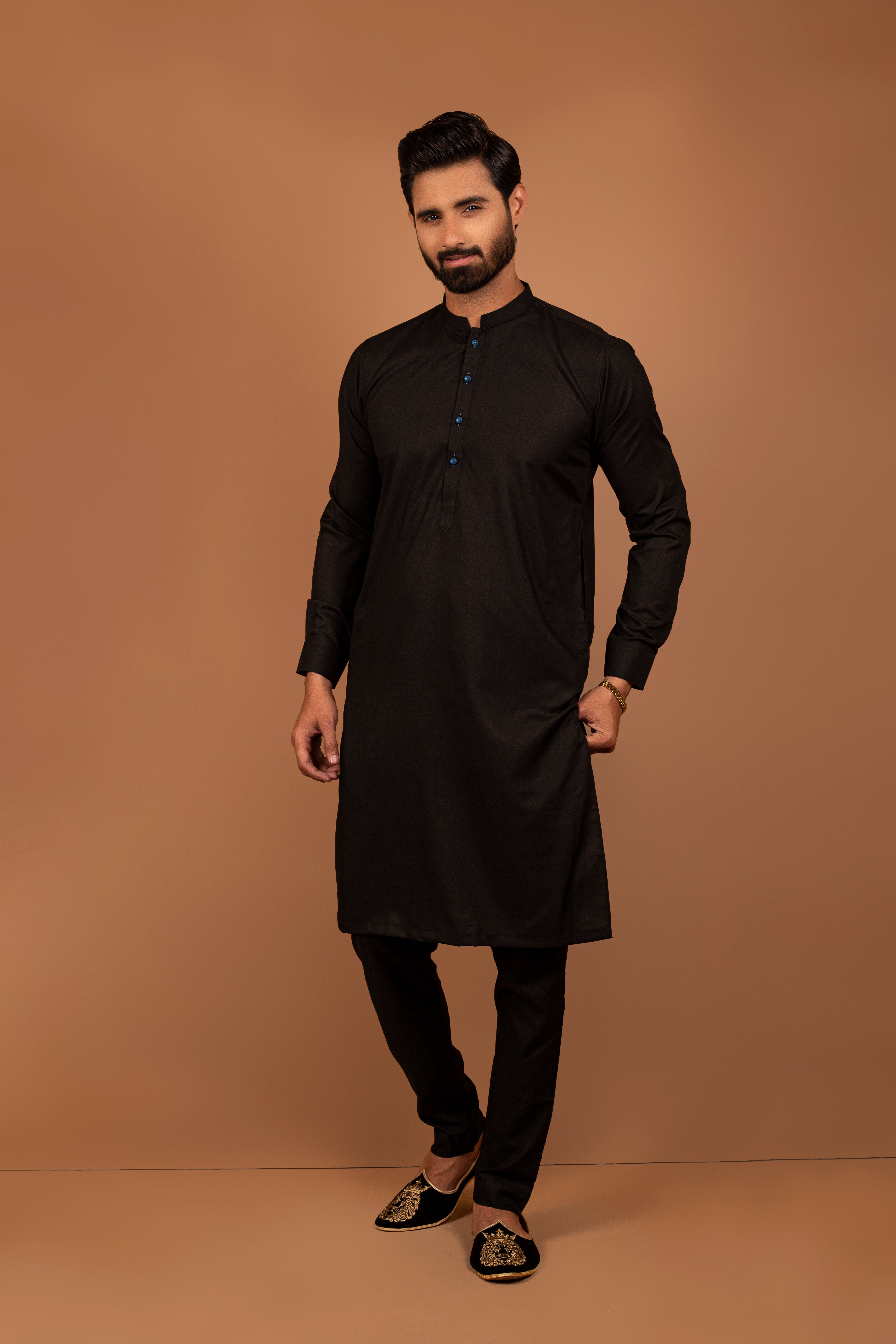 Black Cotton Kurta Pajama with Blue Button Accents (2-Piece) - Image 1