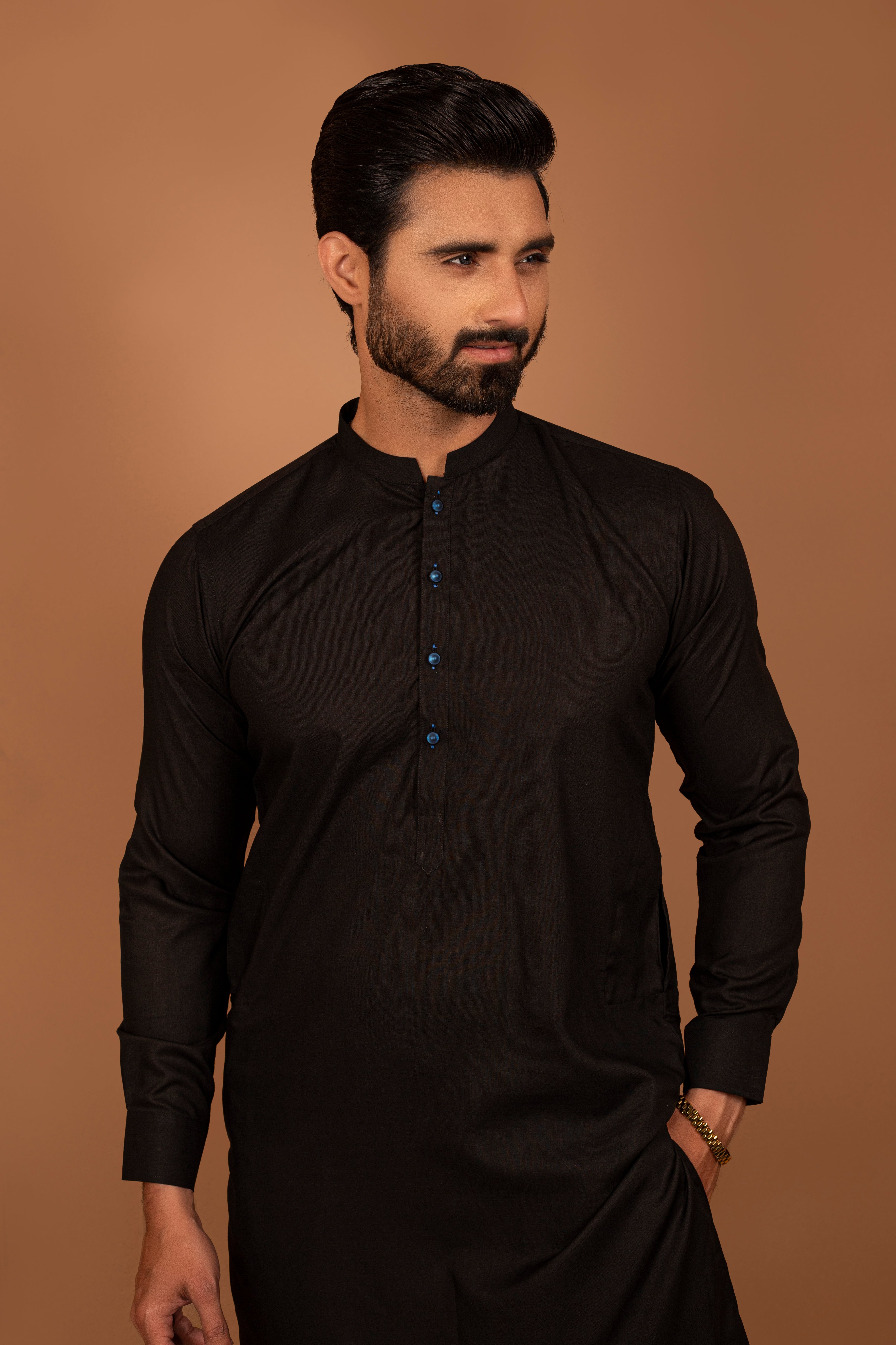 Black Cotton Kurta Pajama with Blue Button Accents (2-Piece) - Image 3