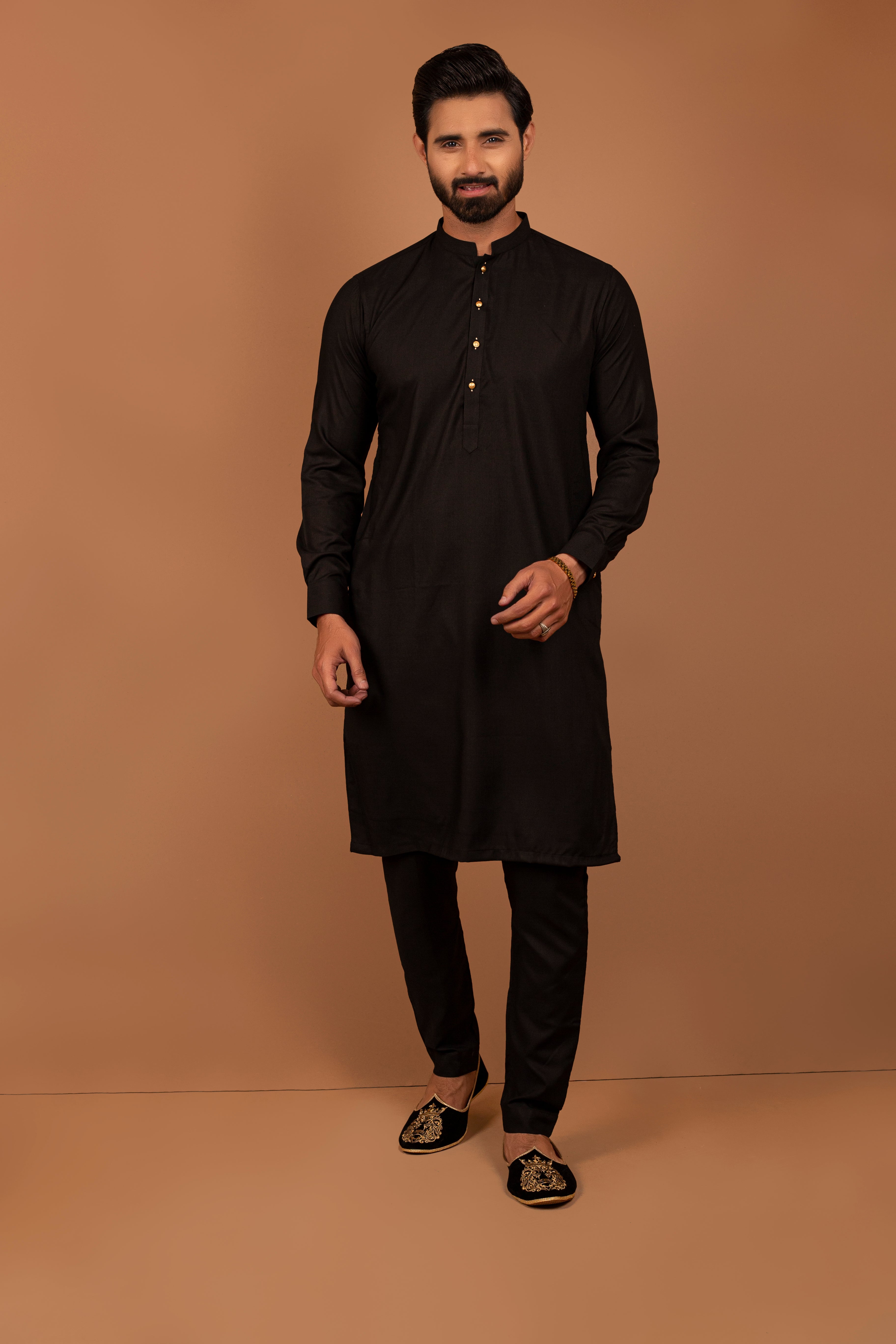 Black Cotton Kurta Pajama with Gold Buttons (2-Piece) - Image 1