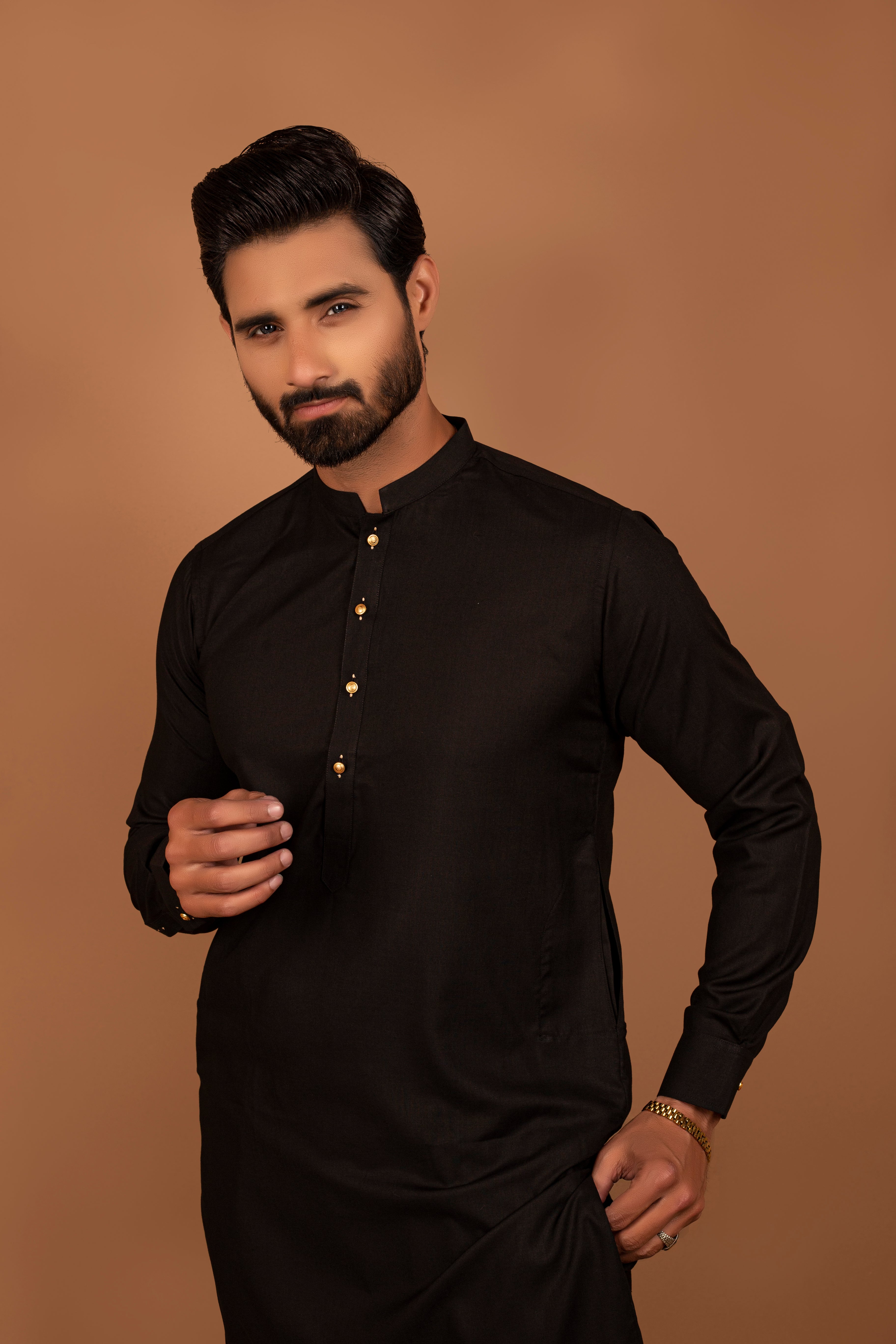 Black Cotton Kurta Pajama with Gold Buttons (2-Piece) - Image 2