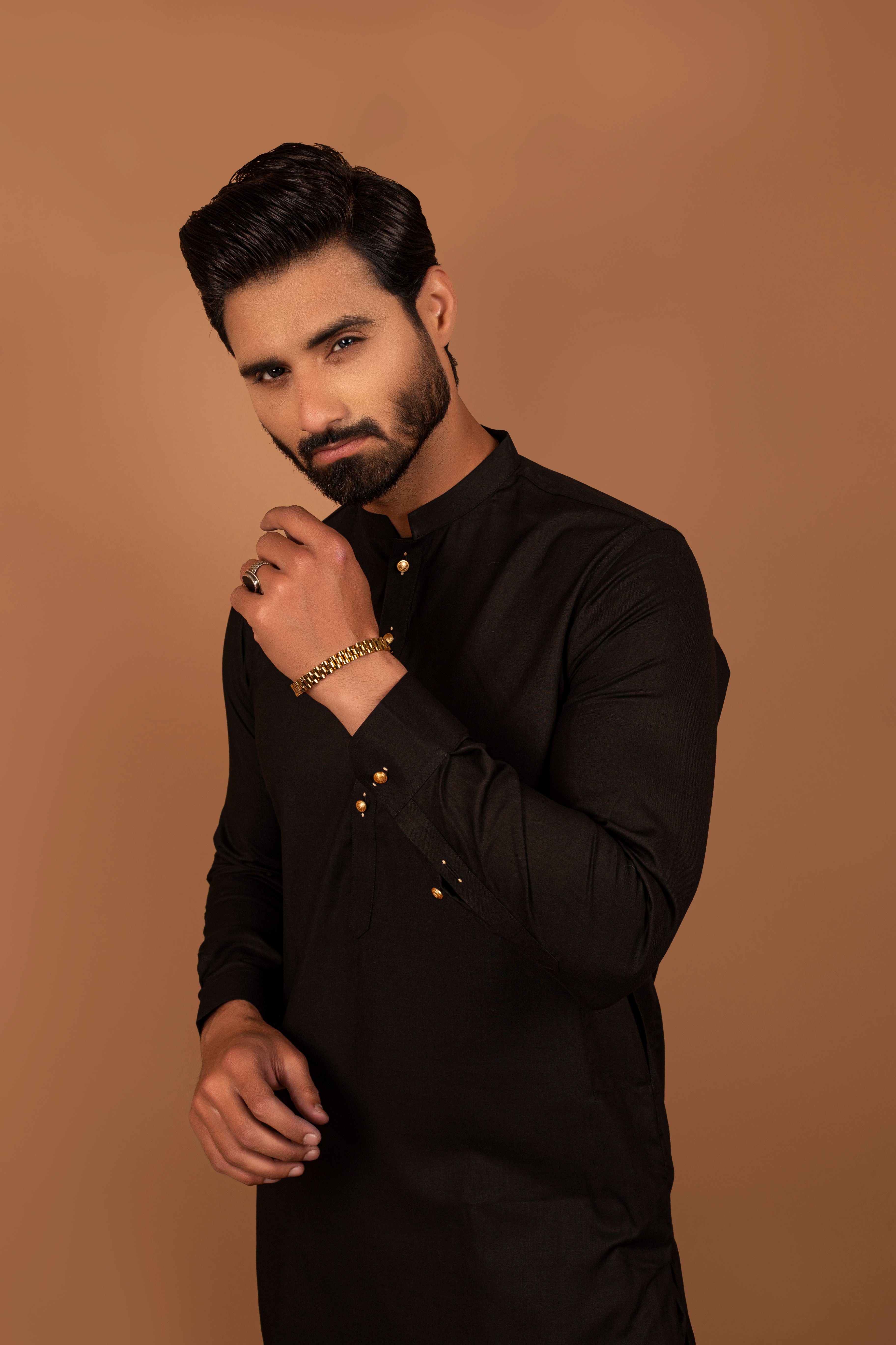Black Cotton Kurta Pajama with Gold Buttons (2-Piece) - Image 3