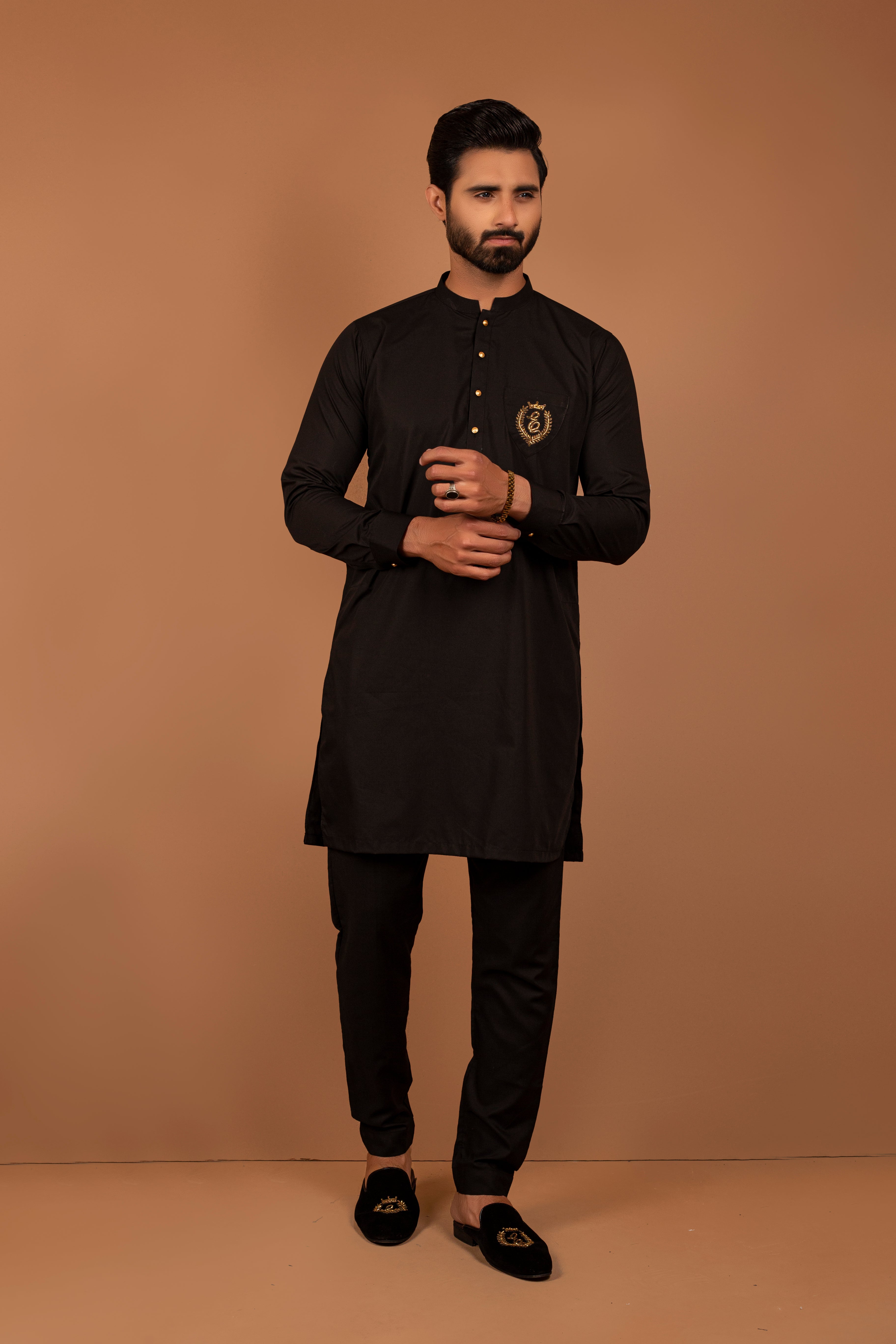 Black Crest Embroidered Cotton Kurta Pajama (2-Piece) - Image 1