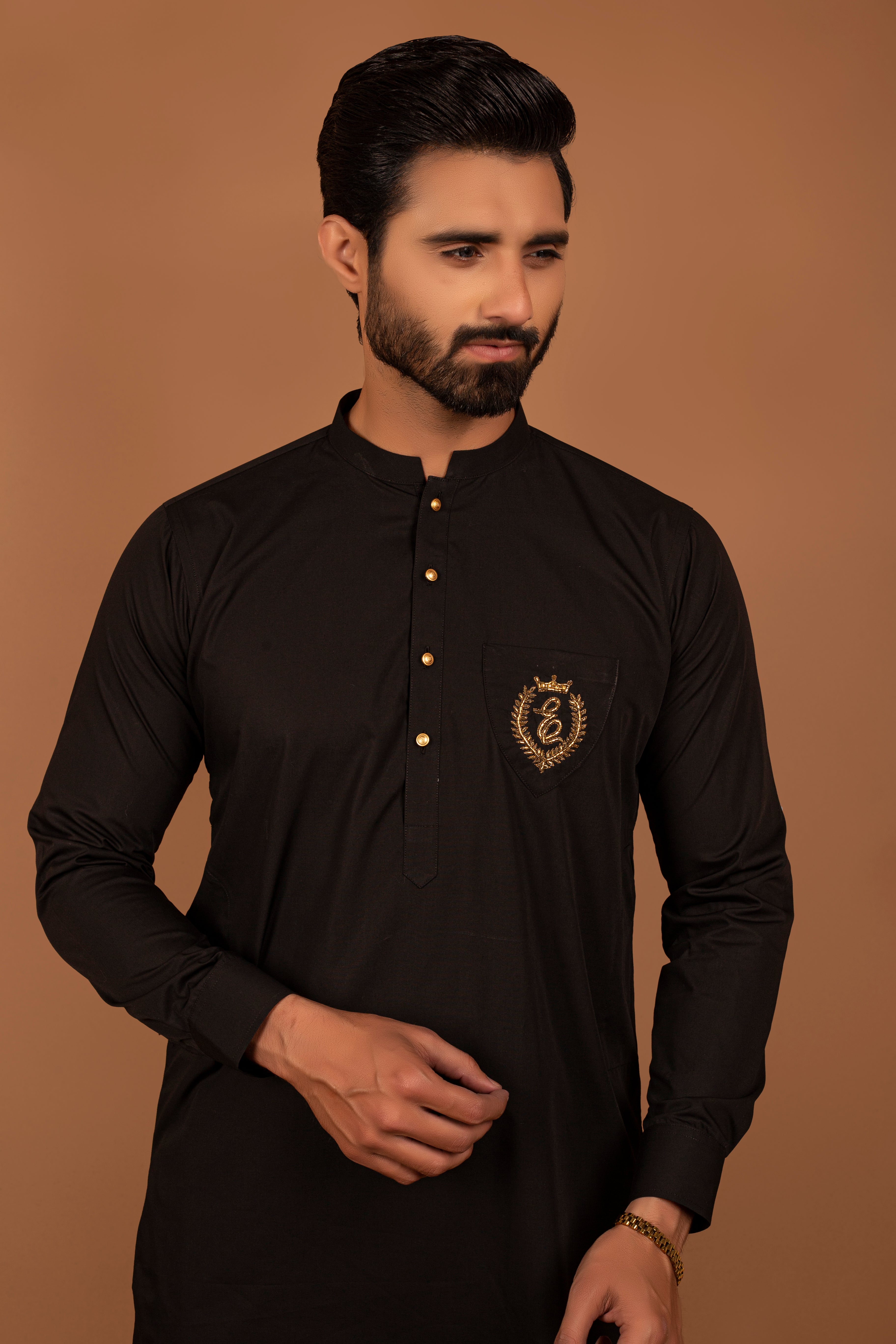 Black Crest Embroidered Cotton Kurta Pajama (2-Piece) - Image 2