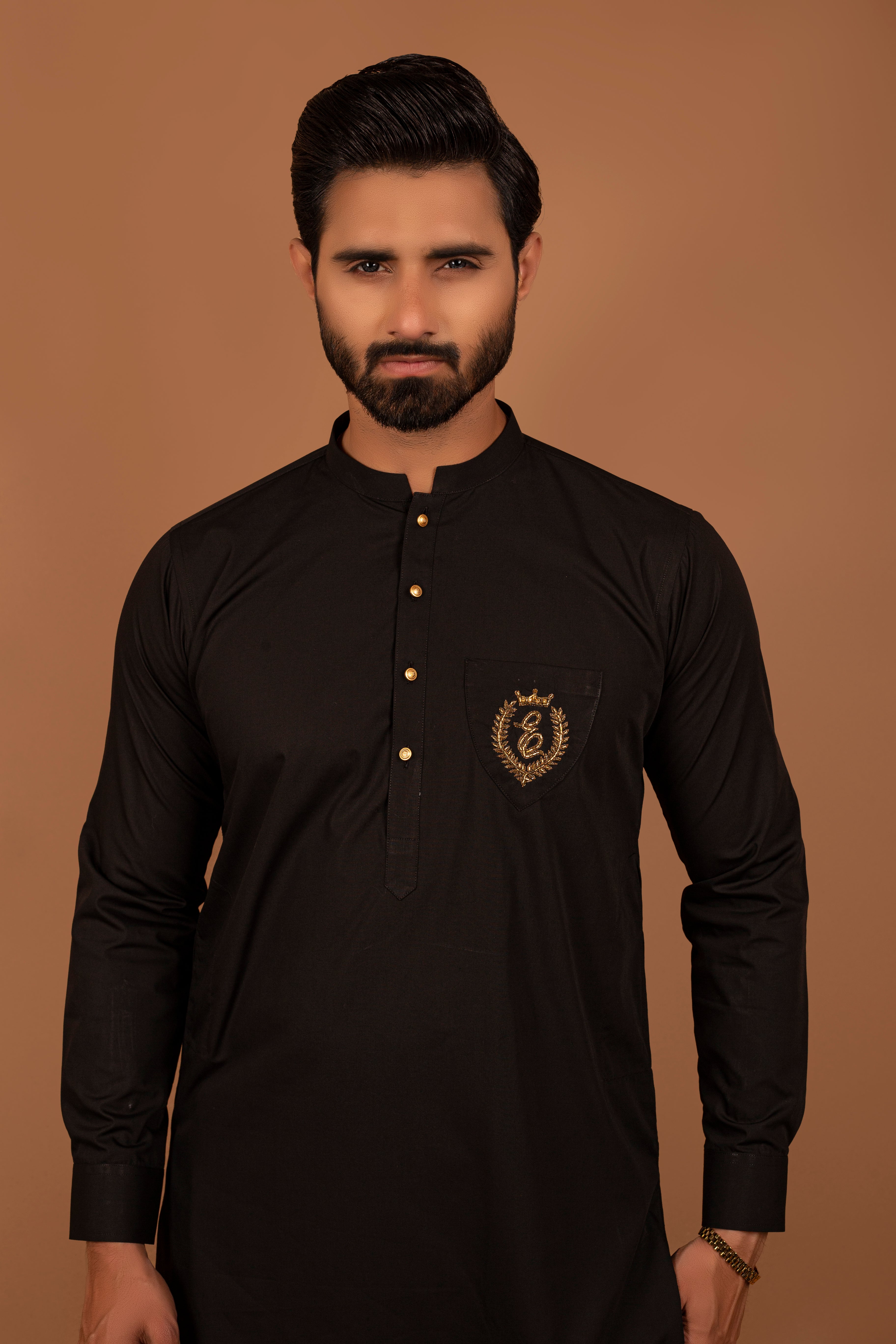 Black Crest Embroidered Cotton Kurta Pajama (2-Piece) - Image 3