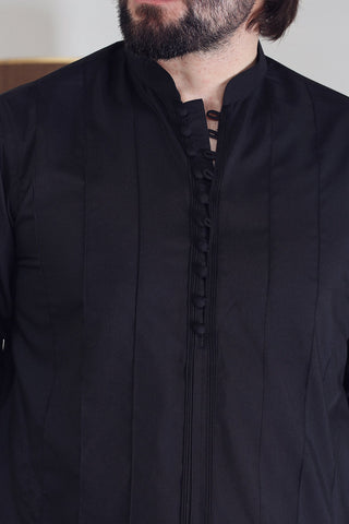 Black Pleated Cotton Kurta Pajama (2-Piece) - Image 4