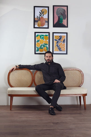 Black Pleated Cotton Kurta Pajama (2-Piece) - Image 5