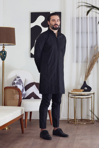 Black Pleated Cotton Kurta Pajama (2-Piece) - Image 7
