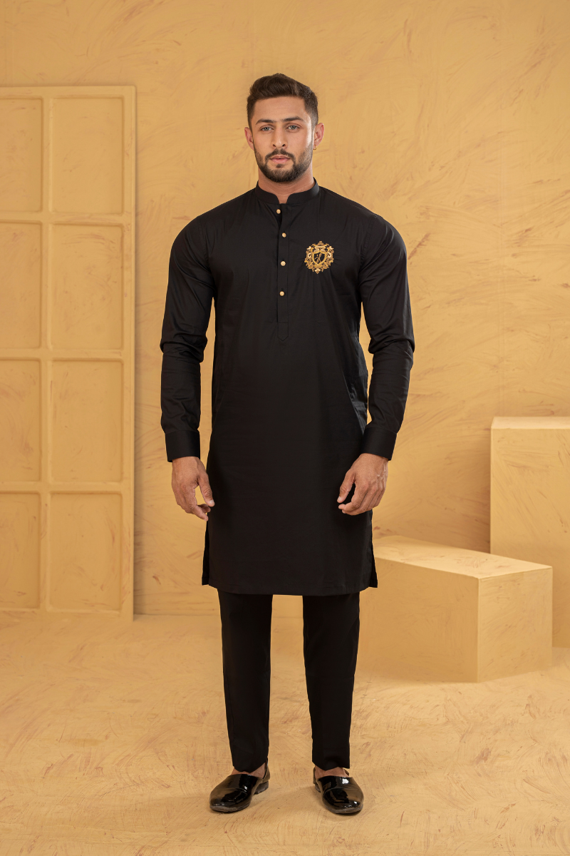 Earth Black Embroidered Cotton Kurta Pajama (2-Piece) - Image 1