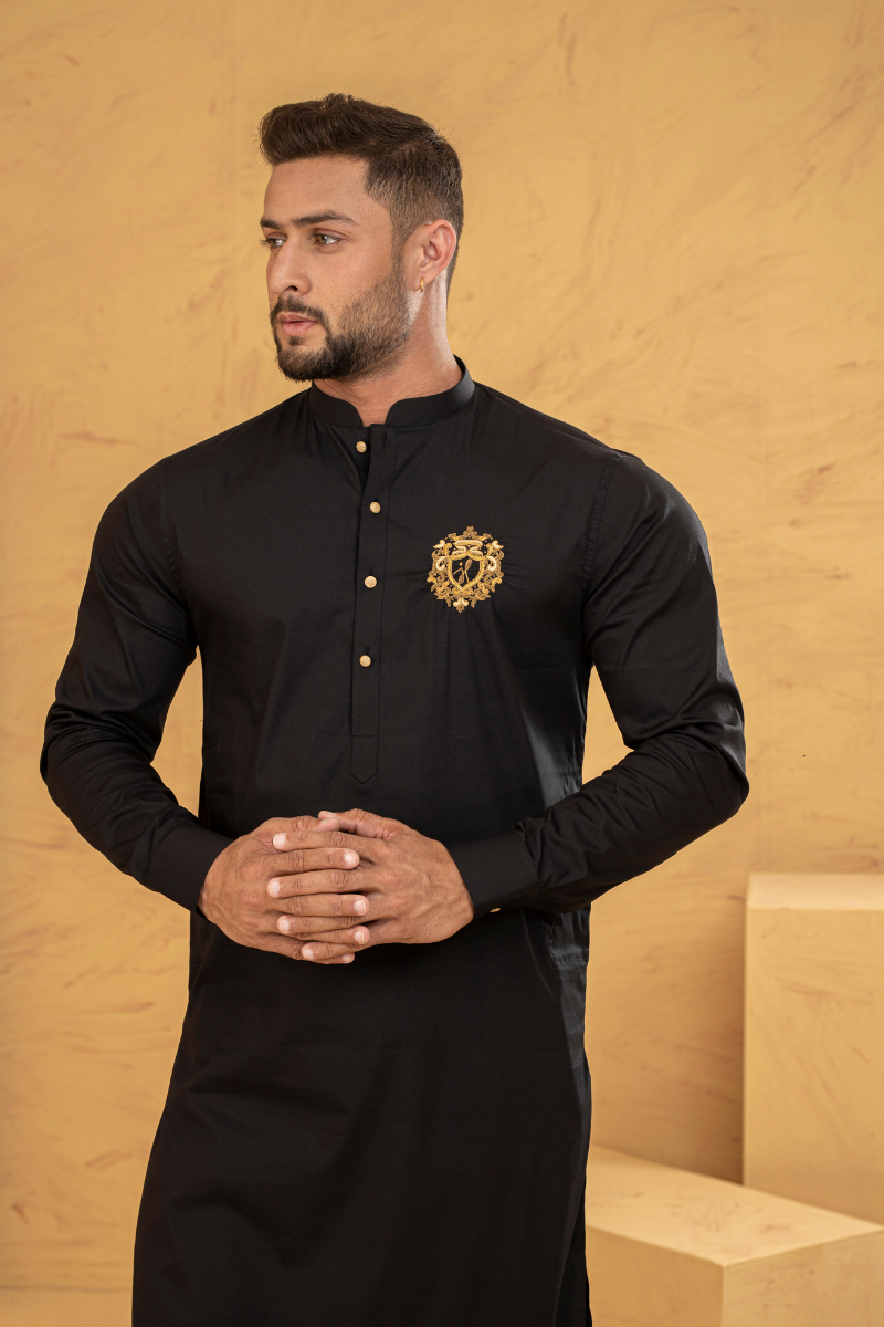 Earth Black Embroidered Cotton Kurta Pajama (2-Piece) - Image 2