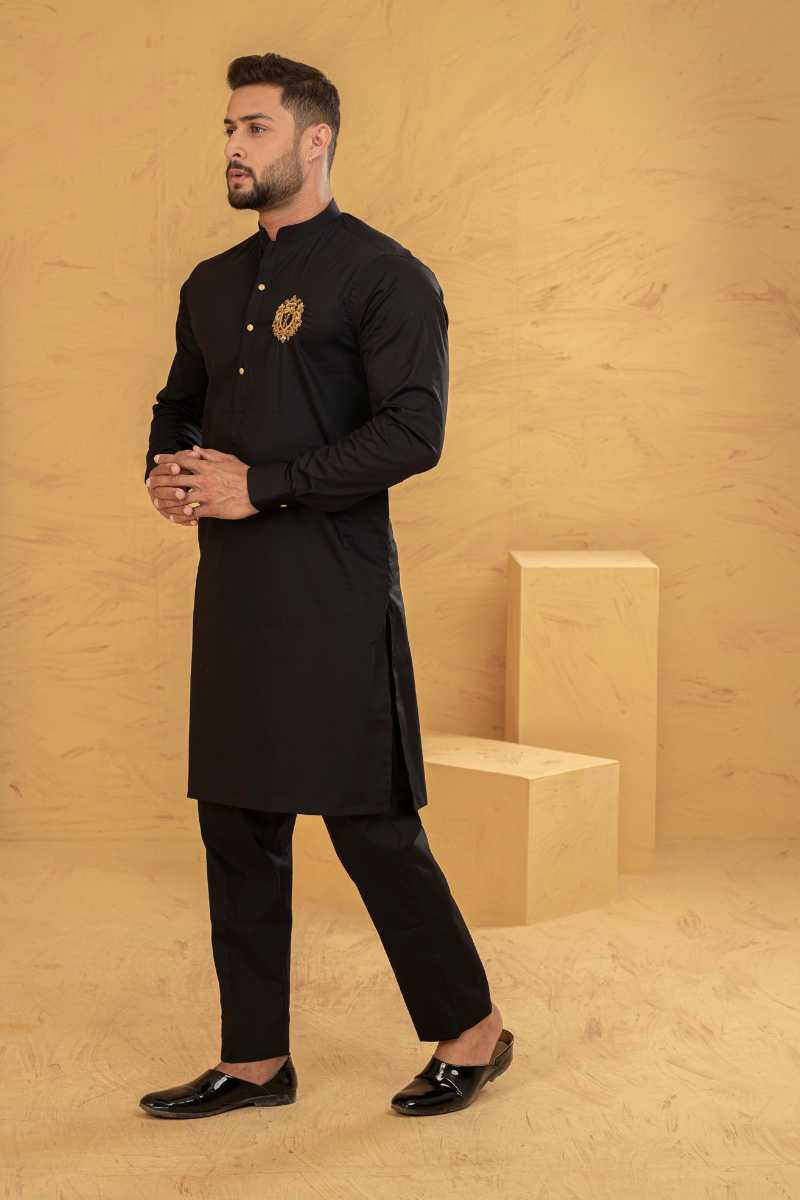 Earth Black Embroidered Cotton Kurta Pajama (2-Piece) - Image 3