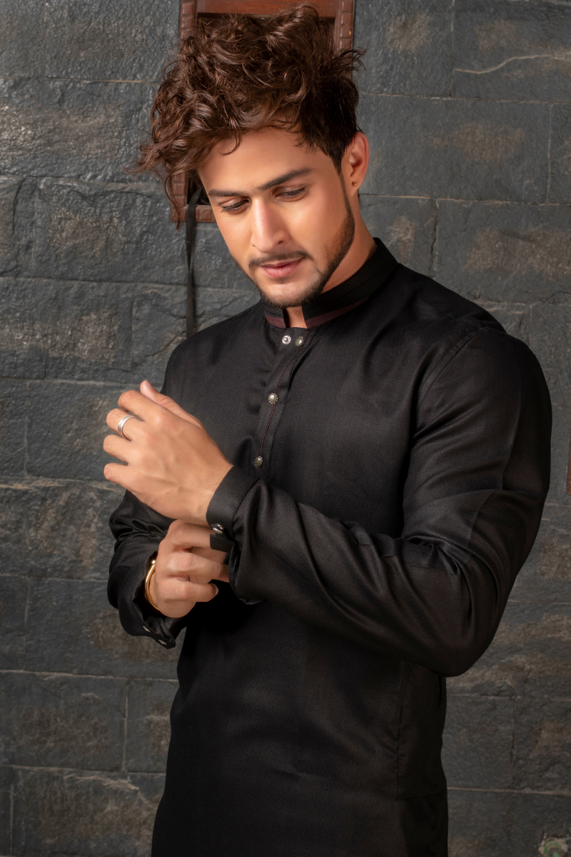 Black Cotton Kurta Pajama Set (2-Piece) - Image 2