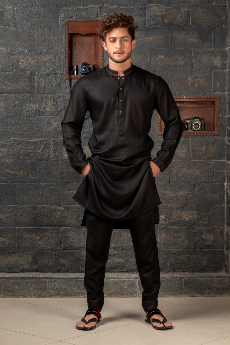 Black Cotton Kurta Pajama Set (2-Piece) - Image 3
