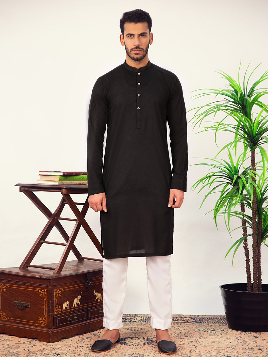 Coal Black Cotton Kurta (2-Piece) - Image 1