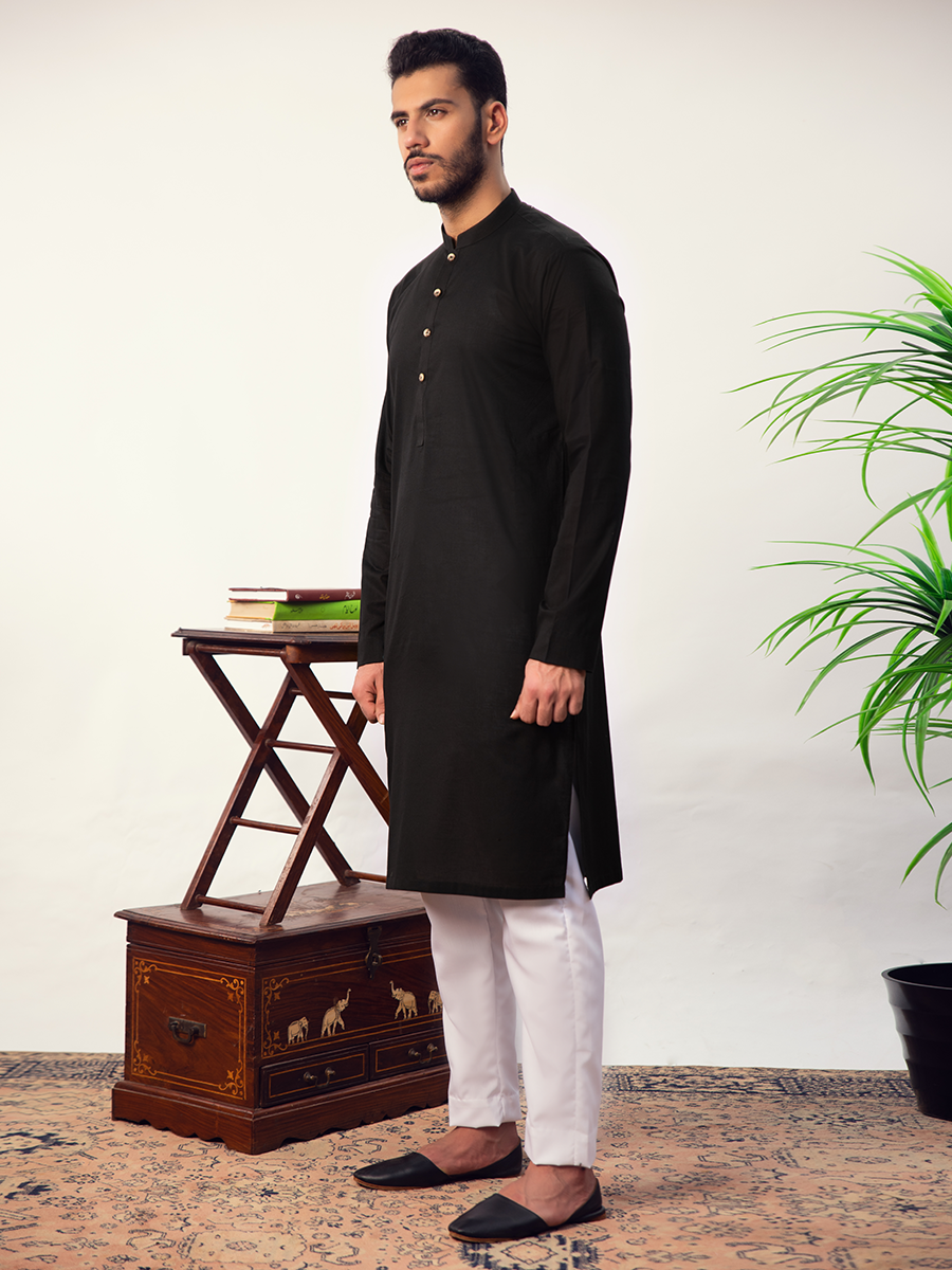 Coal Black Cotton Kurta (2-Piece) - Image 3