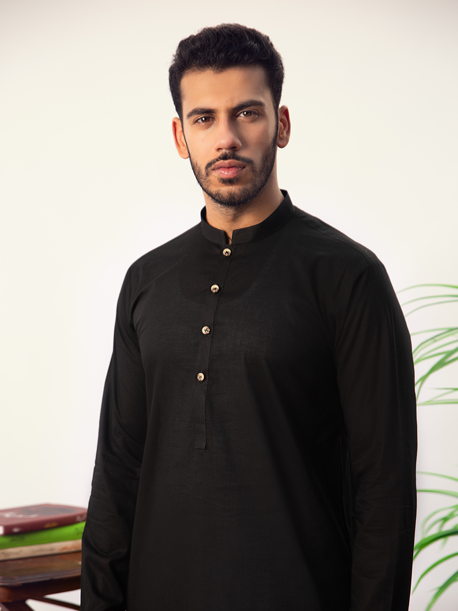 Coal Black Cotton Kurta Pajama (2-Piece) - Image 2