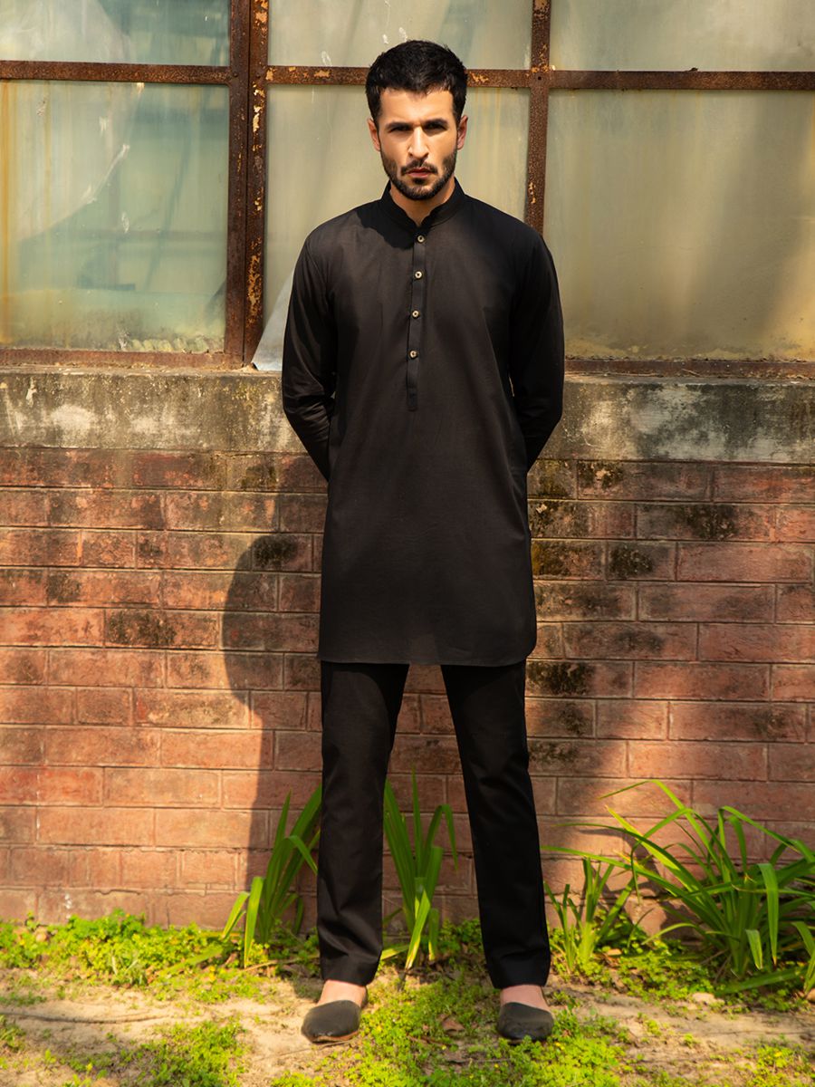 Black Cotton Contemporary Kurta Trouser Set (2-Piece) - Image 1