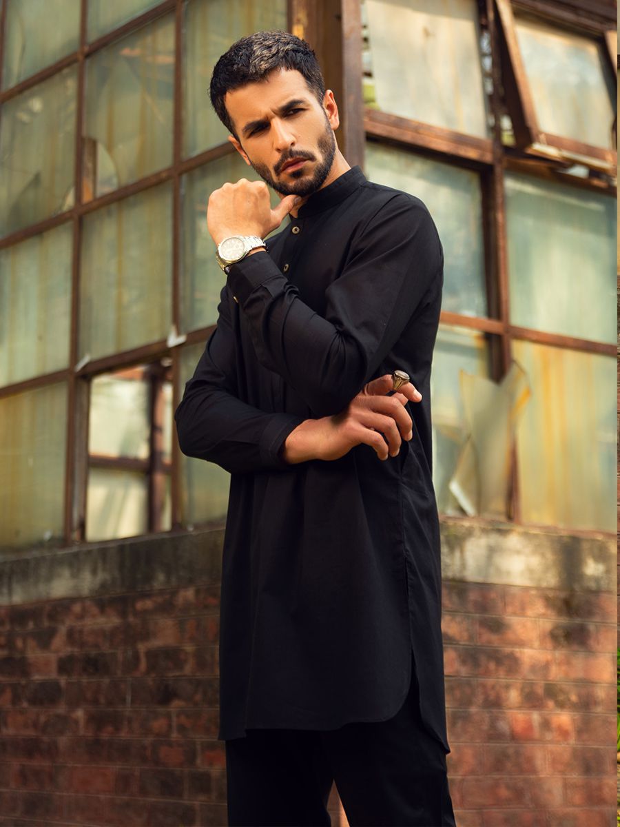 Black Cotton Contemporary Kurta Trouser Set (2-Piece) - Image 2