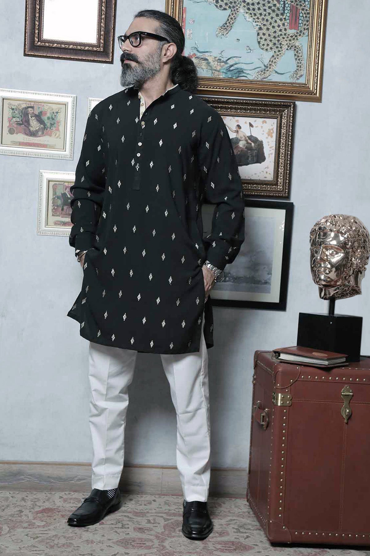 Black Printed Cotton Kurta (2-Piece) - Image 1