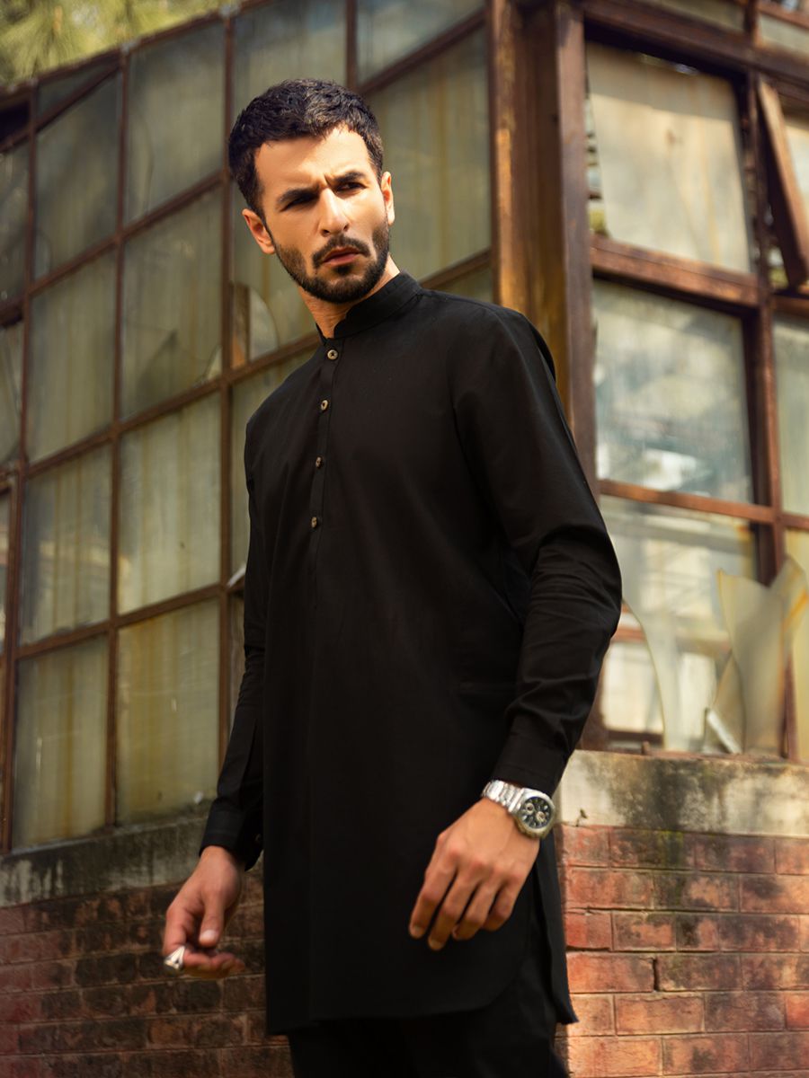 Black Cotton Kurta Pajama Set (2-Piece) - Image 3