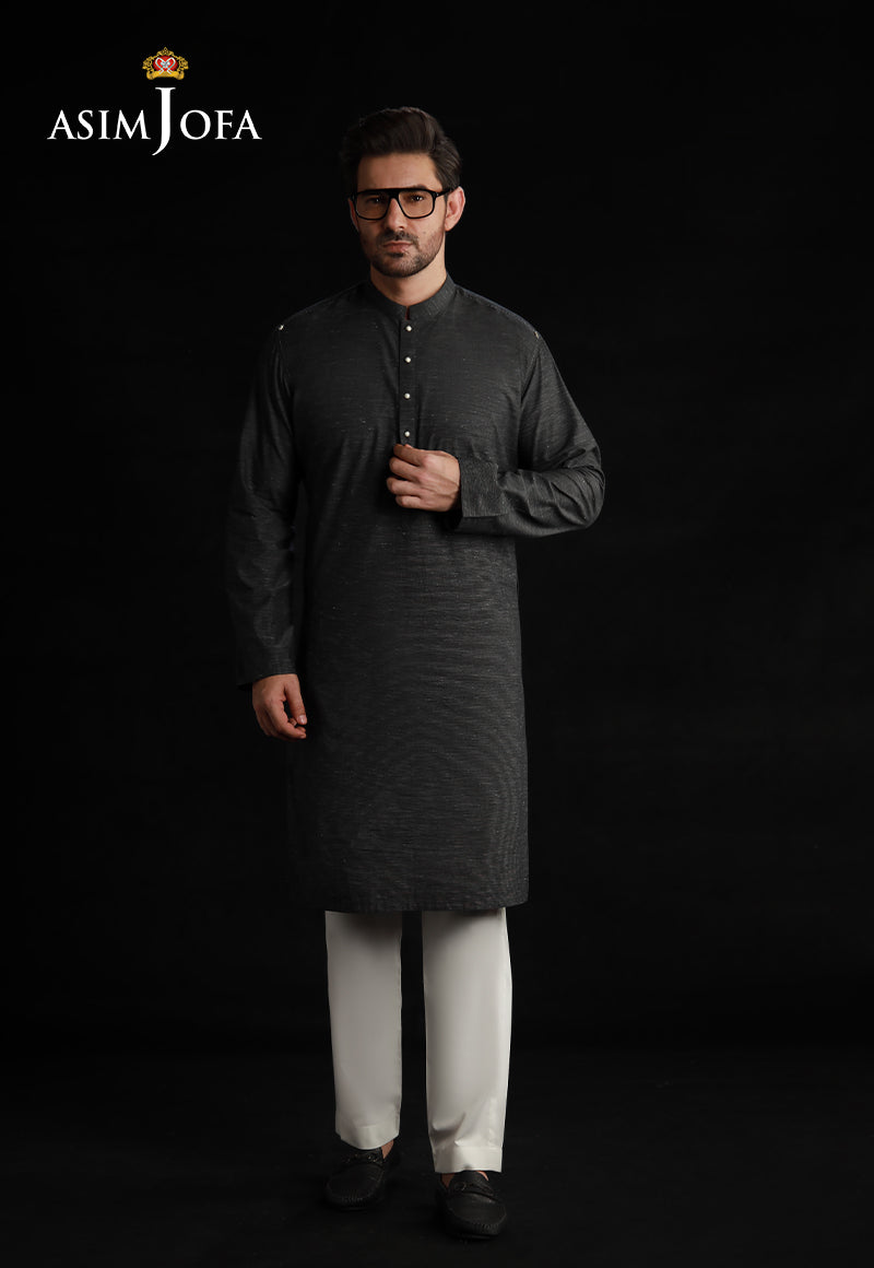 Black Dobby Kurta with Metallic Accents (2-Piece) - Image 1