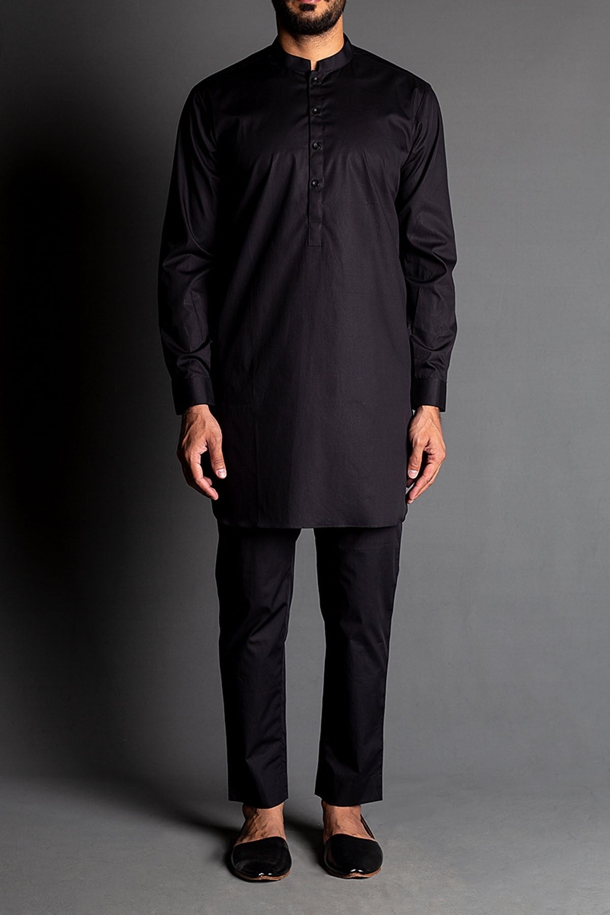 Black Egyptian Cotton Kurta Trouser Set (2-Piece) - Image 1