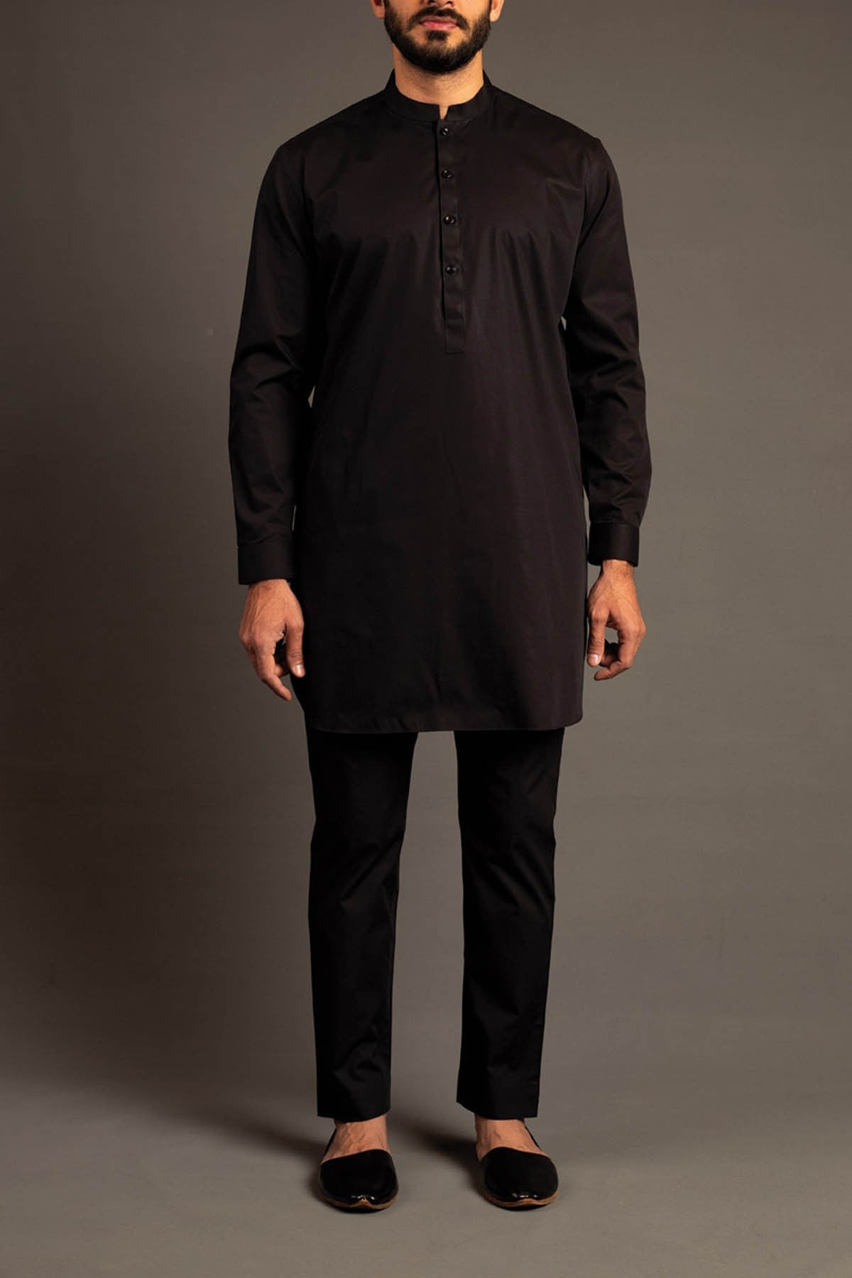 Jet Black Egyptian Cotton Kurta Trouser Set (2-Piece) - Image 1