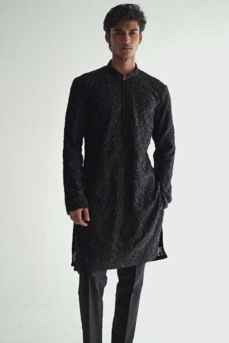 Black Hand-Embroidered Embossed Kurta Pajama (2-Piece) - Image 1