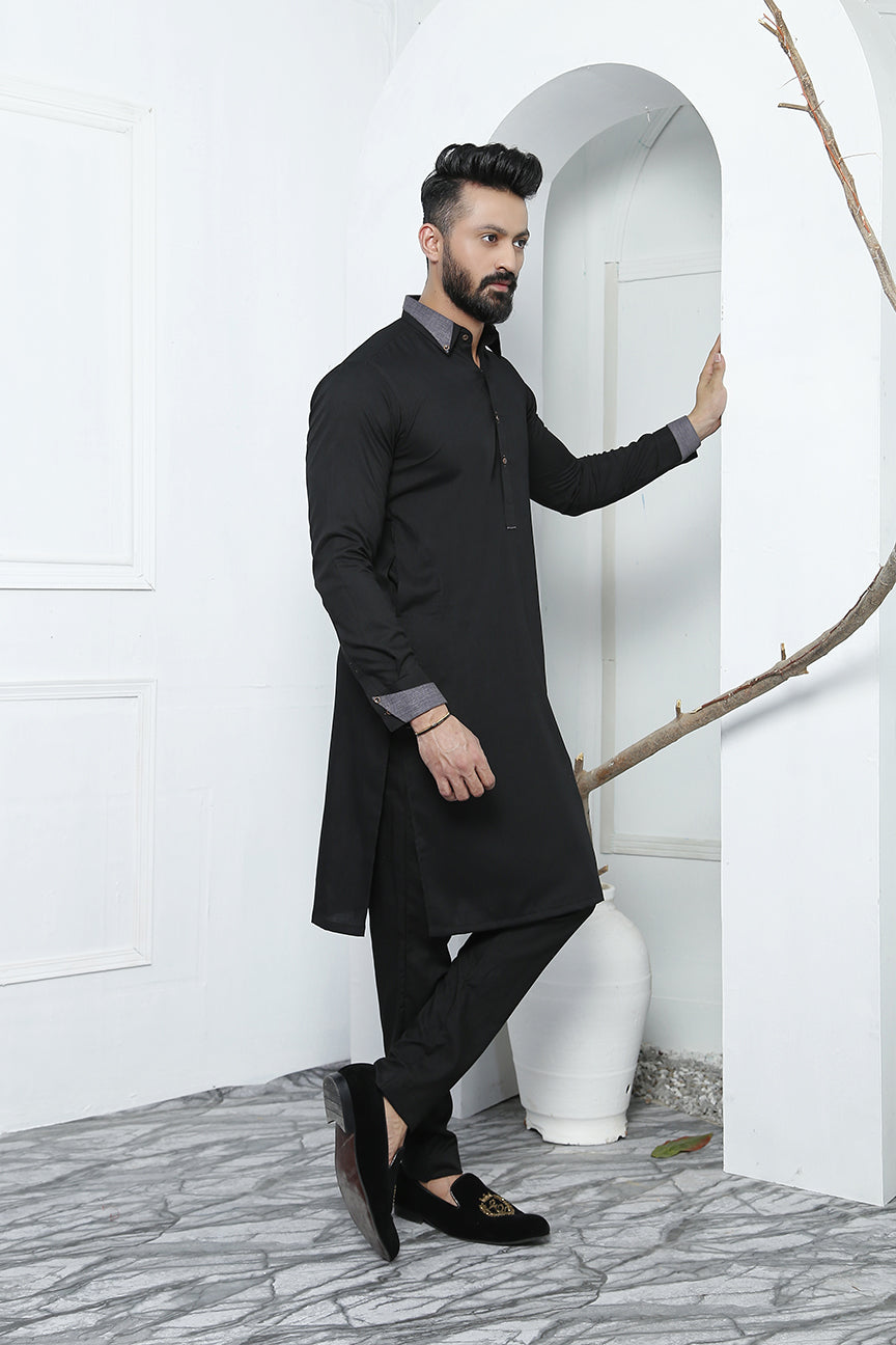 Black Embroidered Kurta Pajama (2-Piece) - Image 3