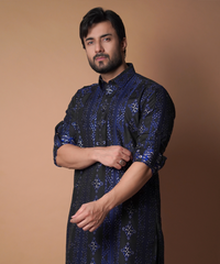 Black & Navy Blue Cotton Jacquard Kurta Set (2-Piece) - Image 2