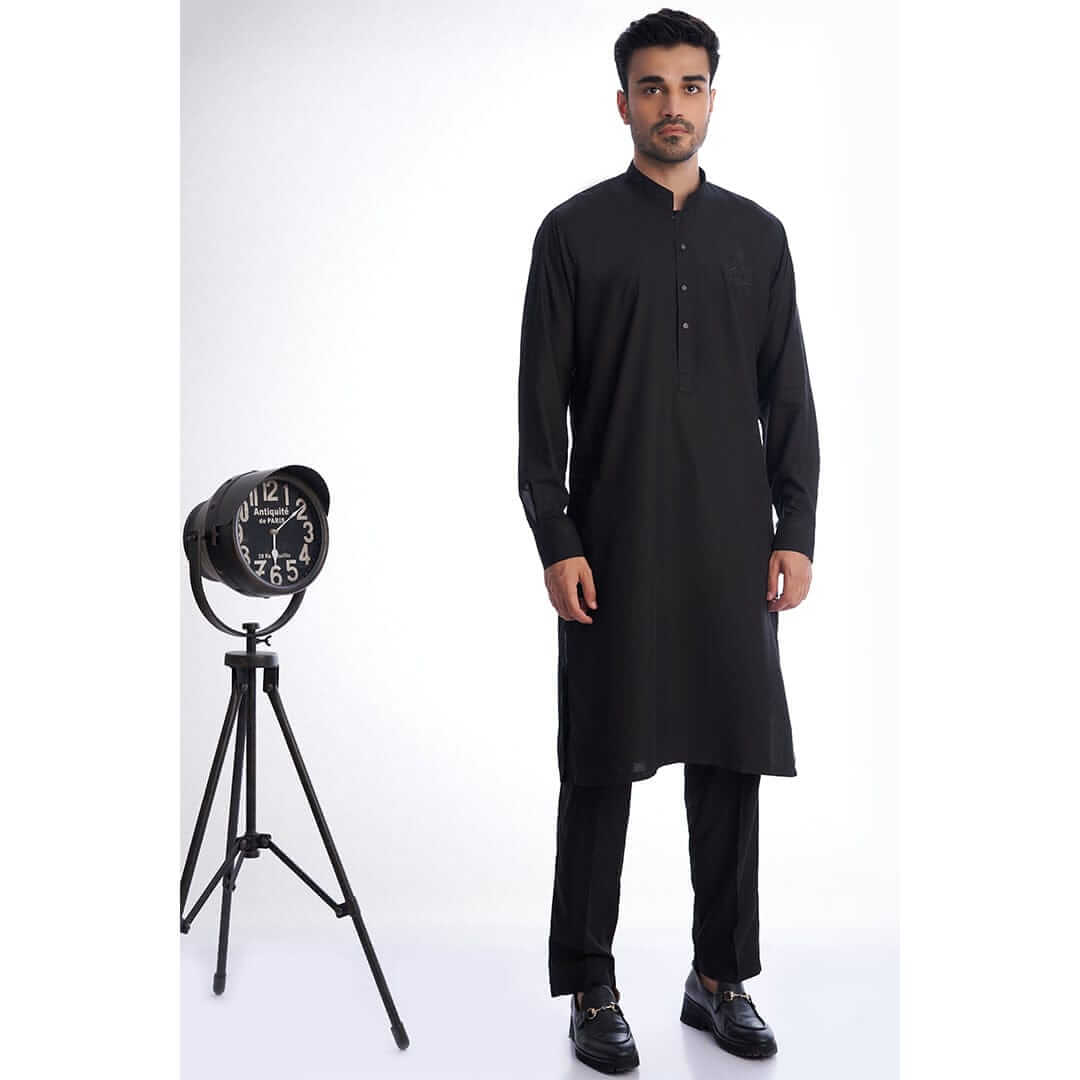 Black Crest Embroidered IronEz Kurta Pajama (2-Piece) - Image 1