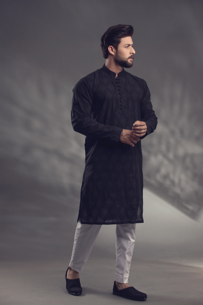 Black Jacquard Straight-Cut Kurta Pajama (2-Piece) - Image 1